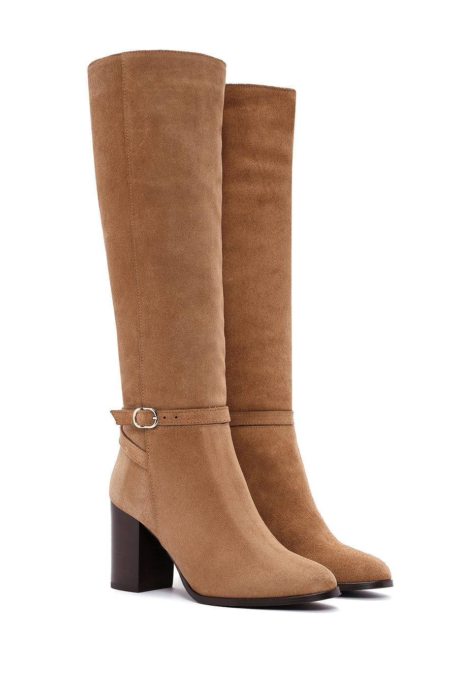 Women's Tan Suede Leather Heeled Boots
