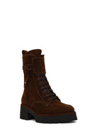 Women's Brown Zippered Thick-Soled Suede Leather Combat Boot | Derimod