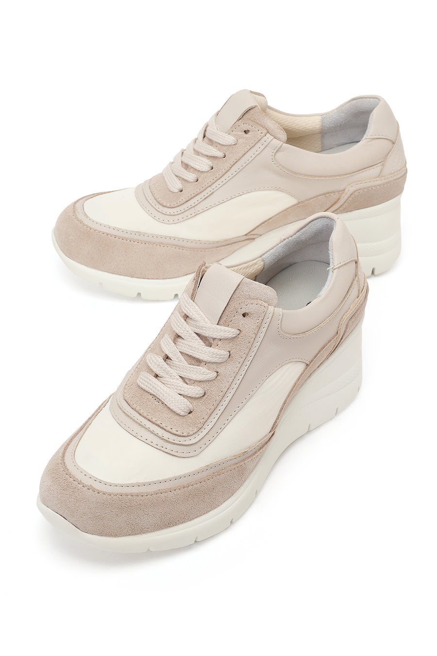 Woman Beige Lace-Up Wedge-Heel Suede Leather Sneaker