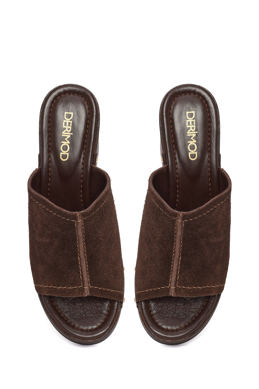 Women's Brown Thick Heeled Suede Leather Slippers