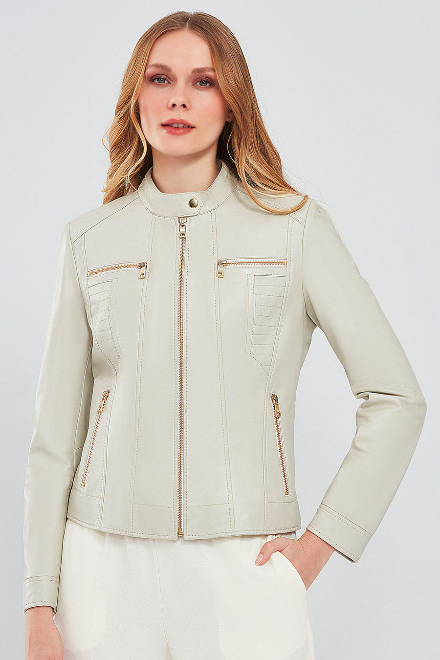 Marlyn Women's Beige Short Leather Jacket