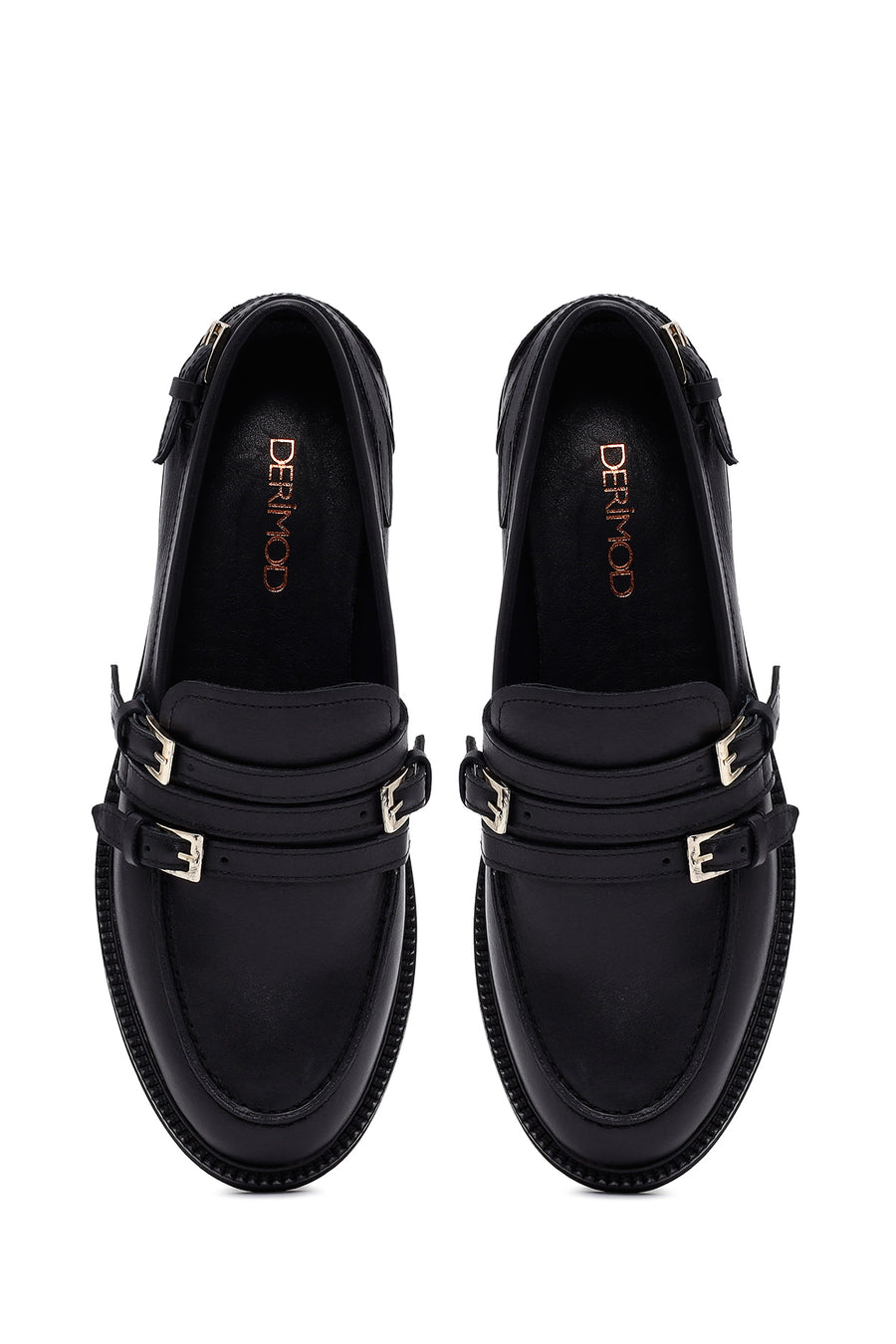 Kadın Siyah Tokalı Deri Maskülen Loafer