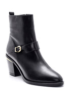 Women's Buckle Detailed Leather Heeled Boots | Derimod