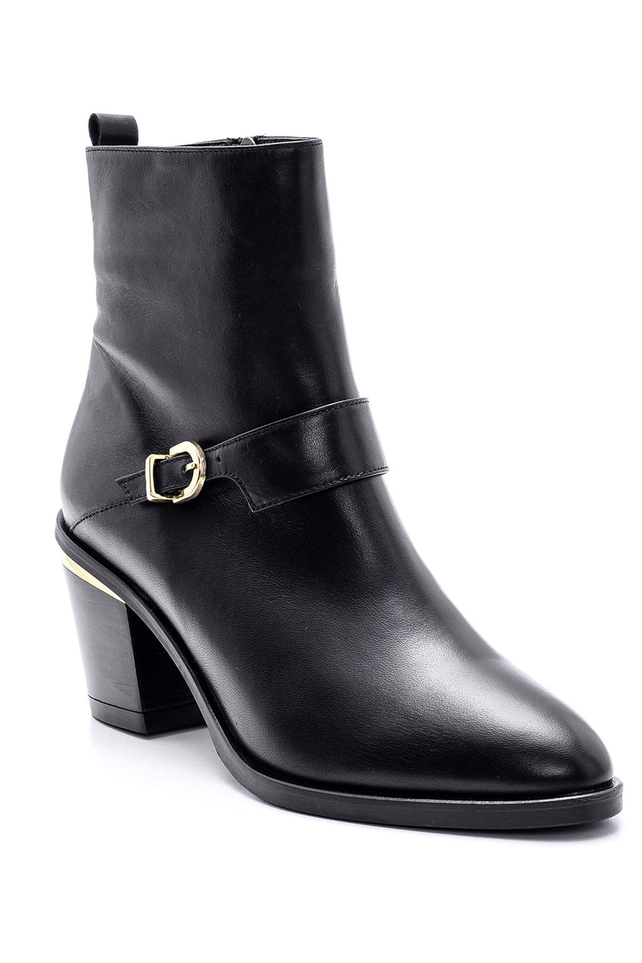 Women's Buckle Detailed Leather Heeled Boots