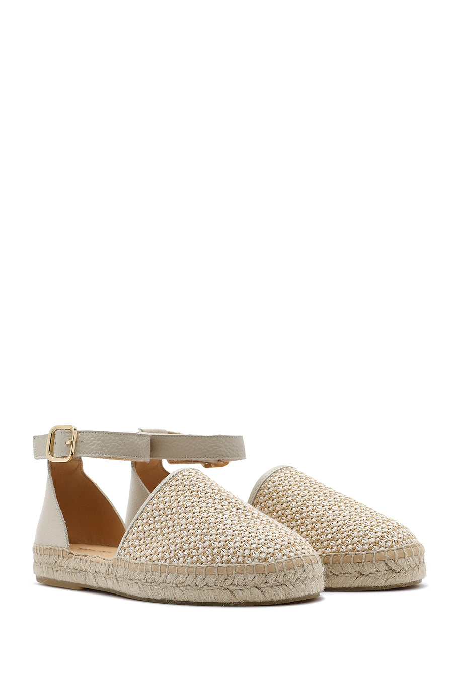 Women's Beige Buckle Ankle Straw Leather Espadrille Sandals