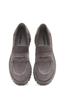 Women's Gray Leather Suede Masculine Loafer | Derimod