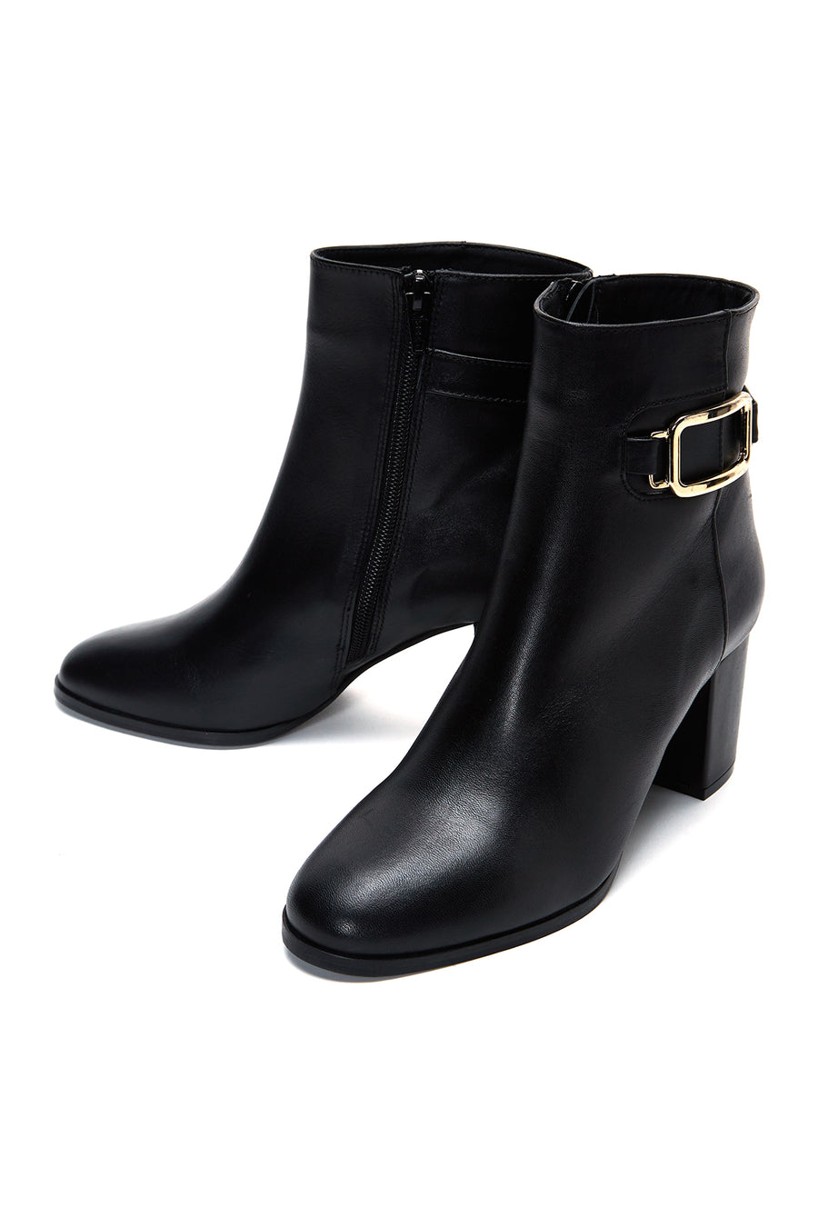 Women's Black Leather Buckle Heeled Classic Boots