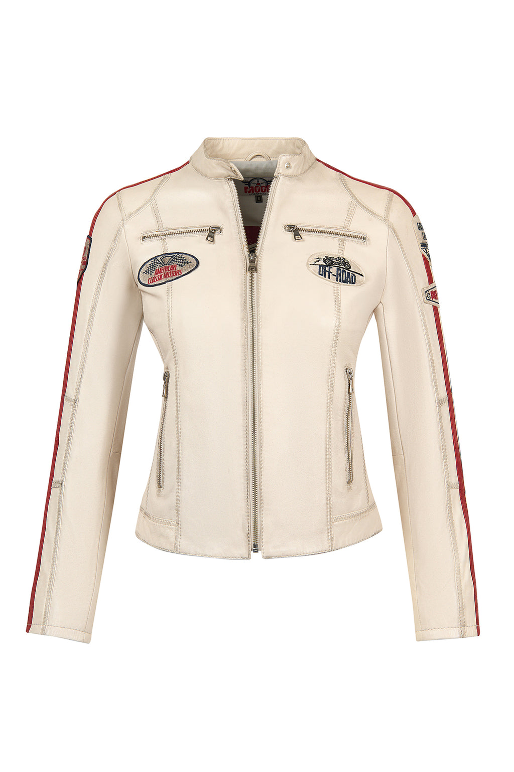 Ladyracer Kadın Beyaz Armalı Slim-Fit Deri Ceket