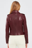London Women's Burgundy Biker Leather Jacket | Derimod