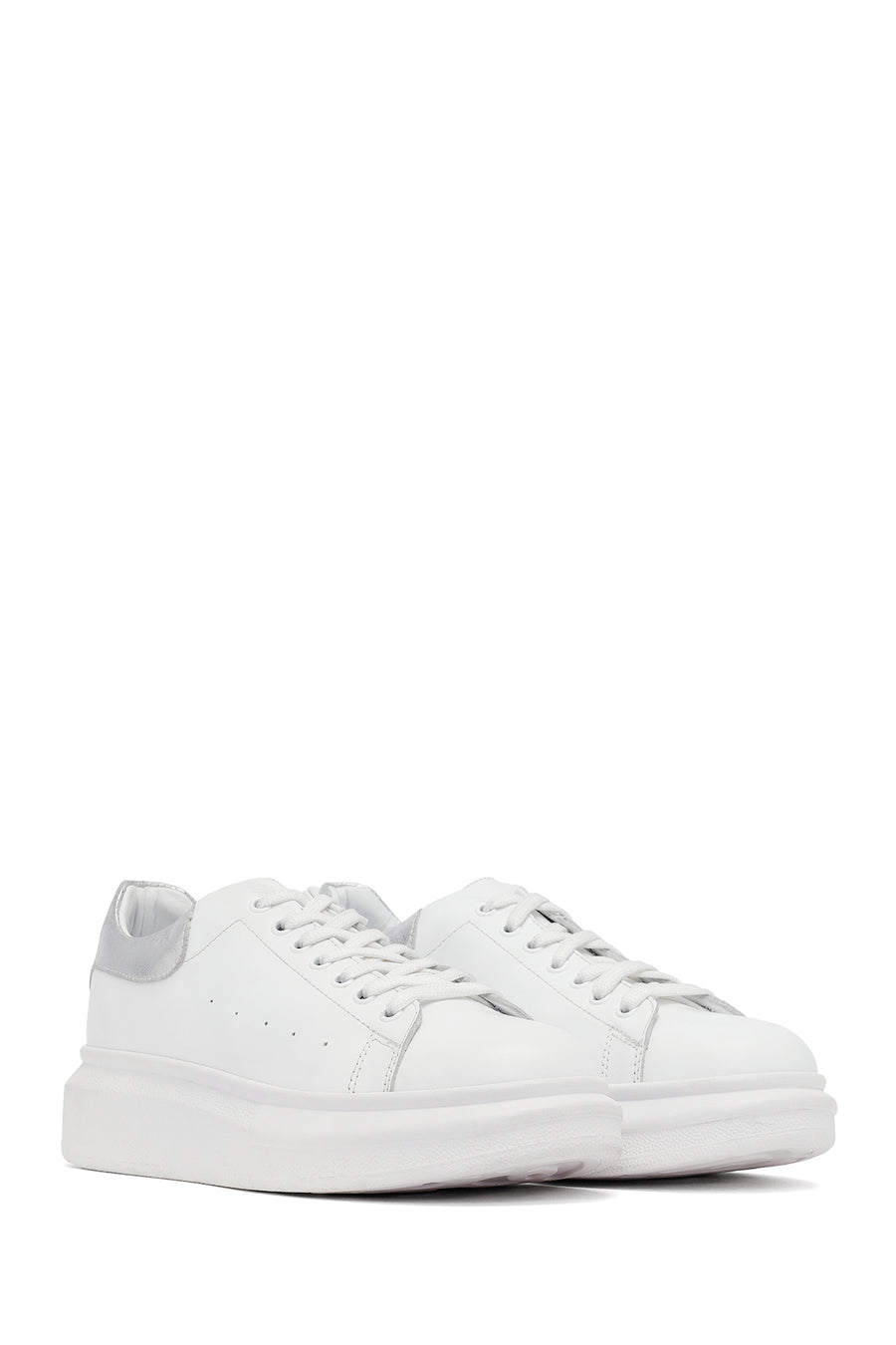 Woman White Laced Thick Sole Leather Sneakers