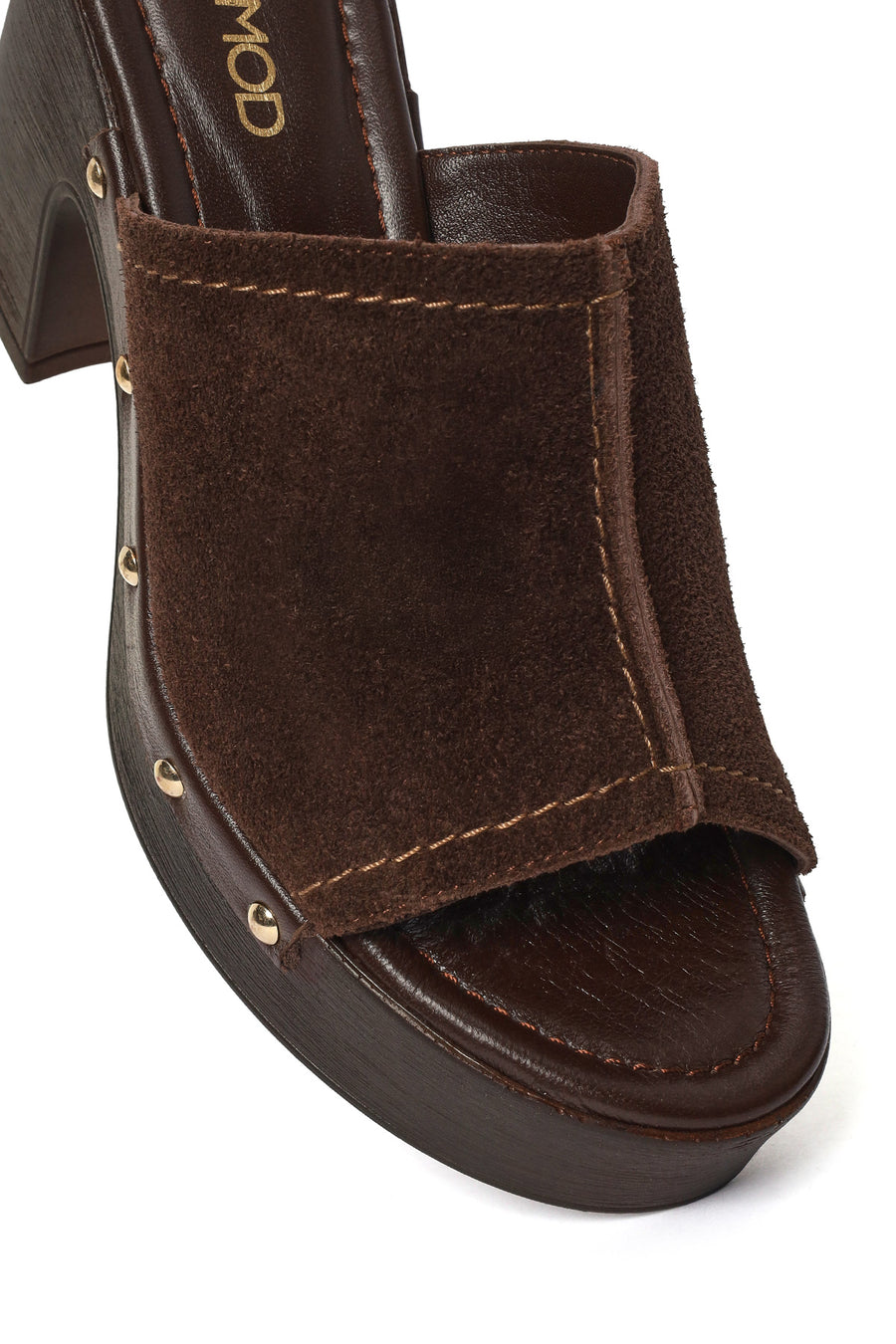 Women's Brown Thick Heeled Suede Leather Slippers